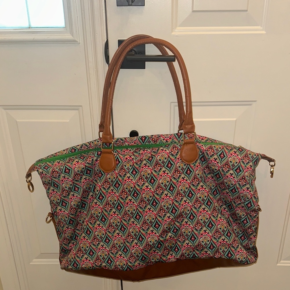 Patterned Weekender Bag Travel Duffle Tote Brown faux Leather Handles - Picture 7 of 7